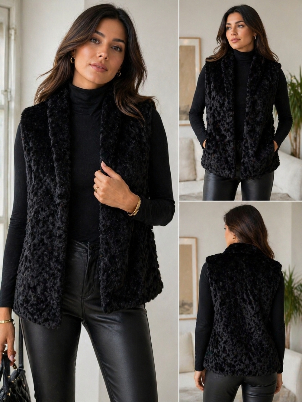 Adrienne Landau Faux Fur Vest – Black Leopard Texture